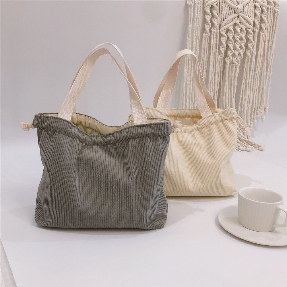 燈芯絨手提束口小布包-灰色 (31x19x10cm)