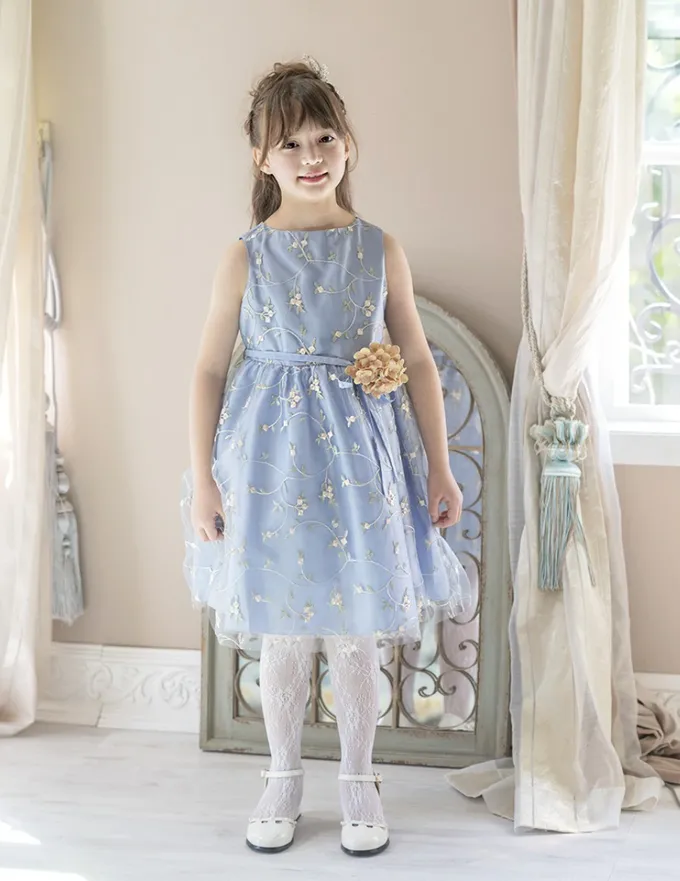 日本 Catherine Cottage - 精緻花朵刺繡薄紗洋裝/小禮服-附繡球花別針-海軍藍