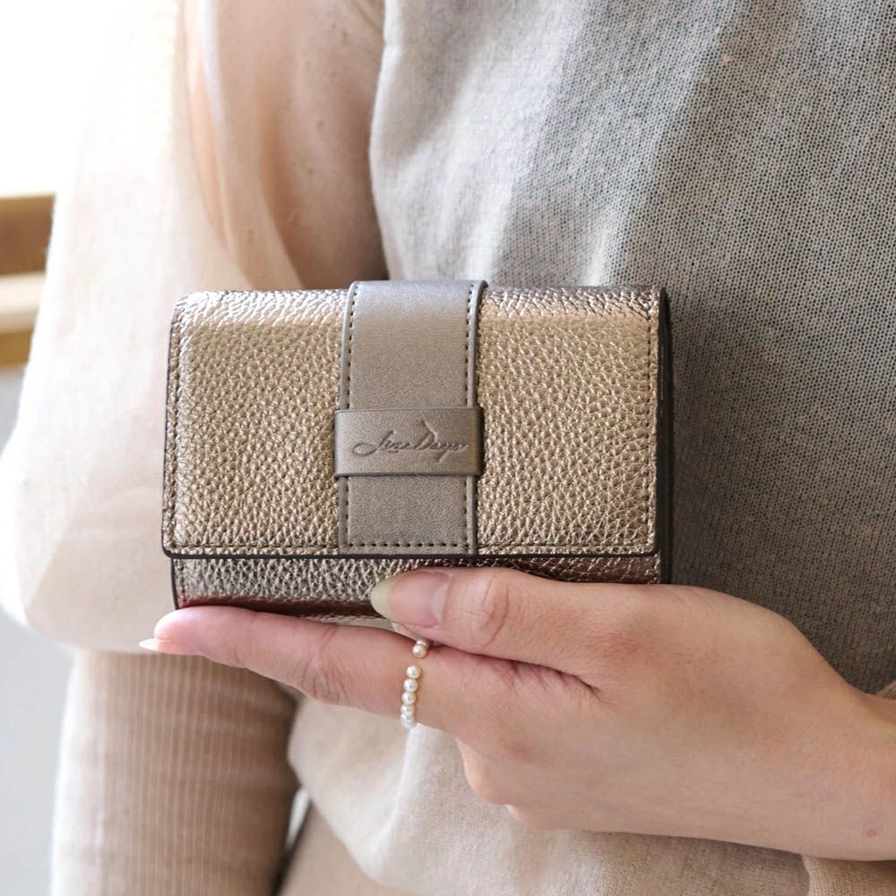 真皮迷你三折配色風琴短夾-霧金棕