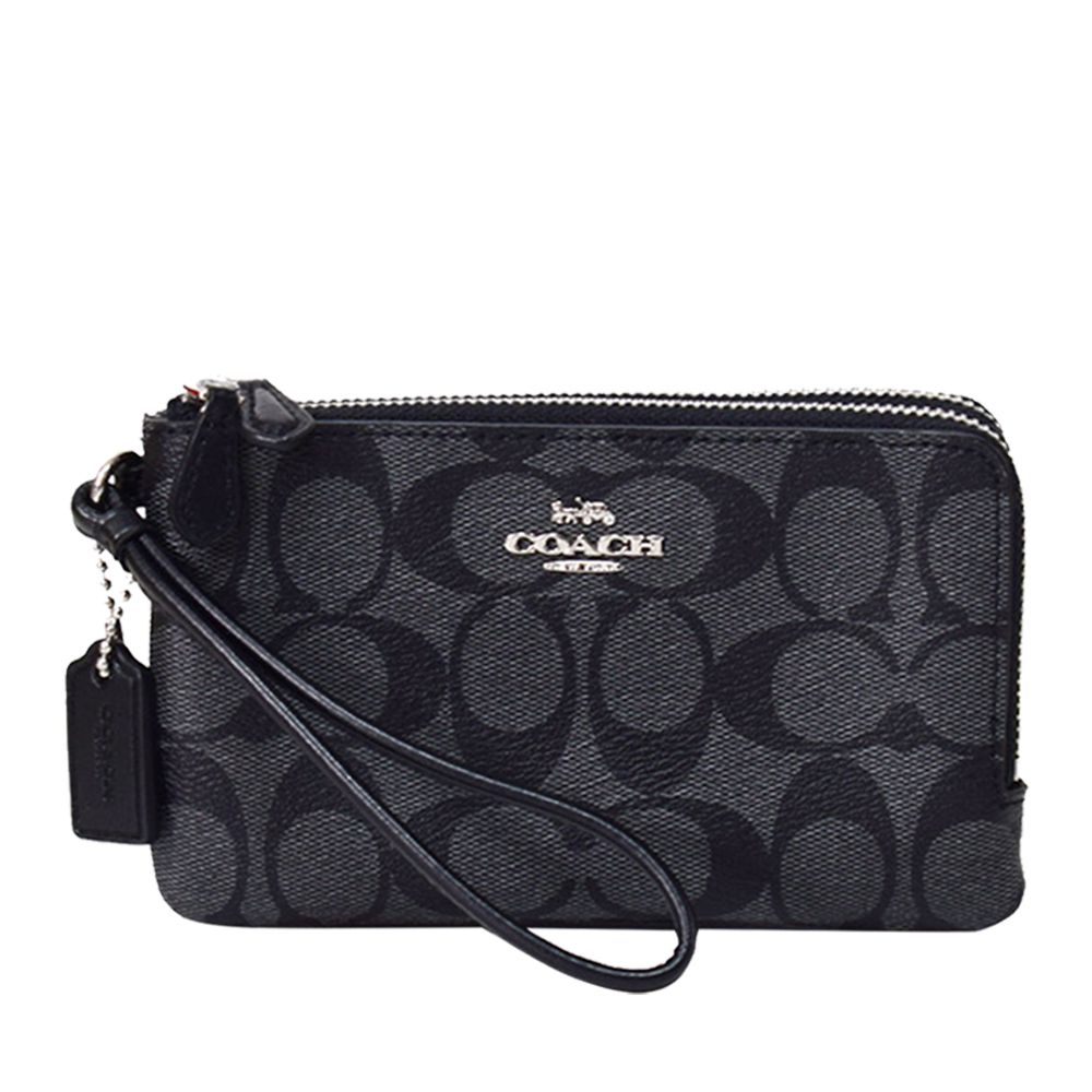 滿版LOGO皮革L型雙層手拿包 (黑灰色)