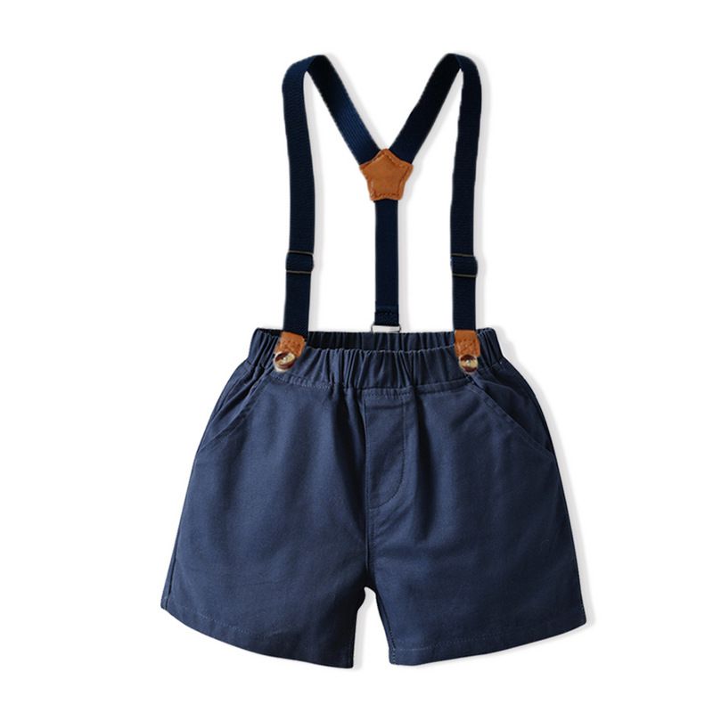 小紳士格紋短袖襯衫套裝-有背帶款-灰+深藍