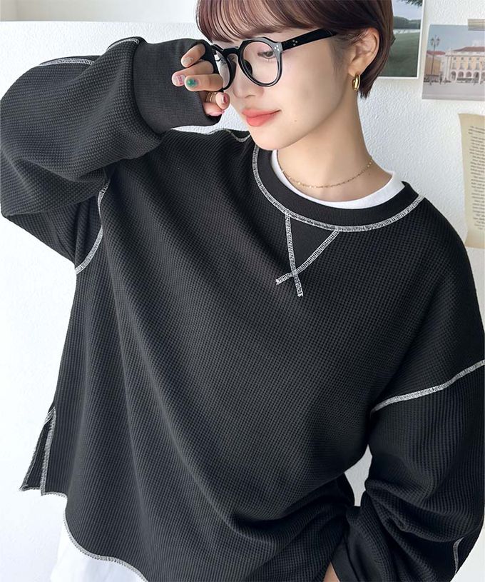 日本 Classical Elf - Java 華夫格車線薄長袖上衣-煙燻粉