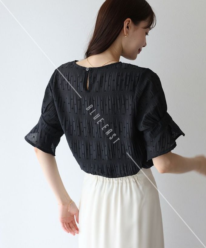 日本 BLUE EAST - 細緻圓點緹花透膚短袖上衣-白