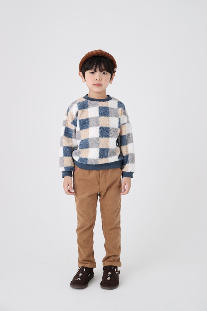 韓國 Coco Bang - 毛絨棋盤色塊紋長袖上衣-藍