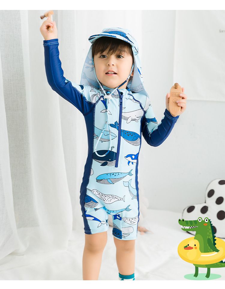 男寶長袖連身泳裝(附帽子)-鯨魚-深藍+淺藍