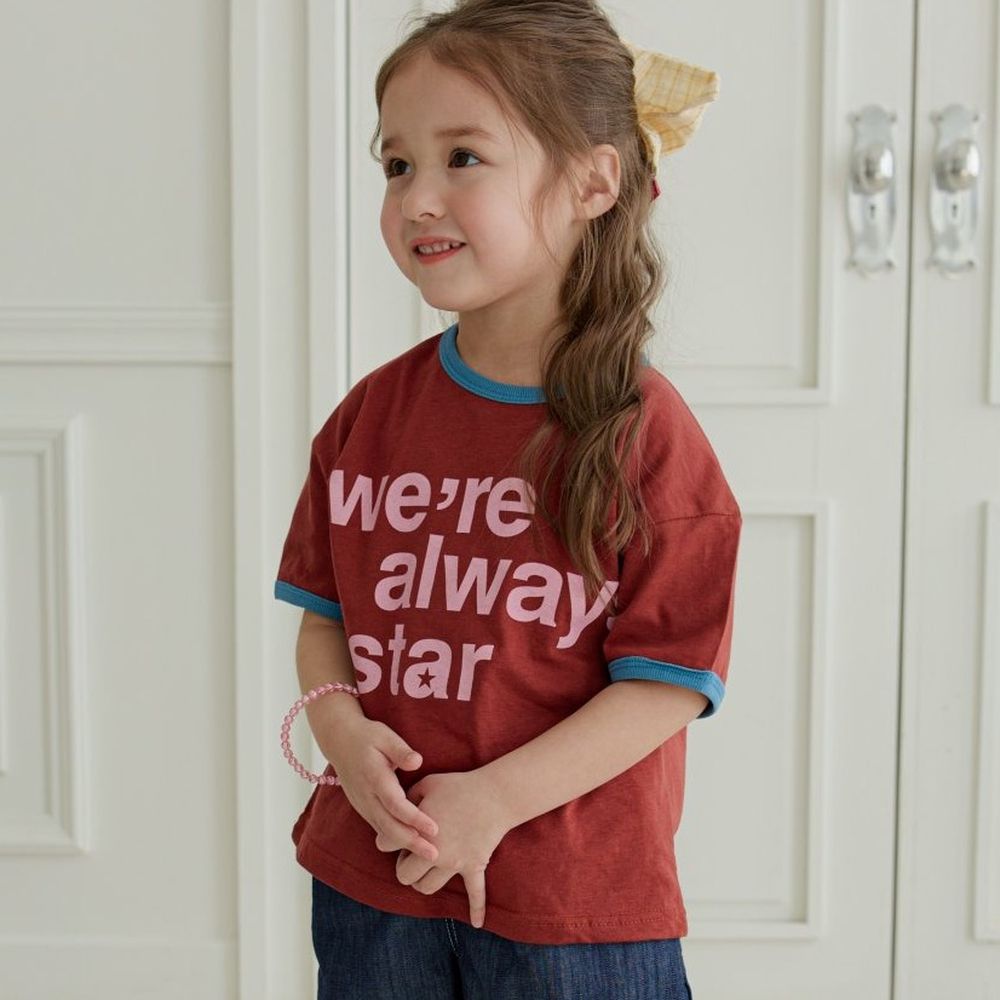 ERINJ 撞色包邊純棉短袖上衣-Star-酒紅