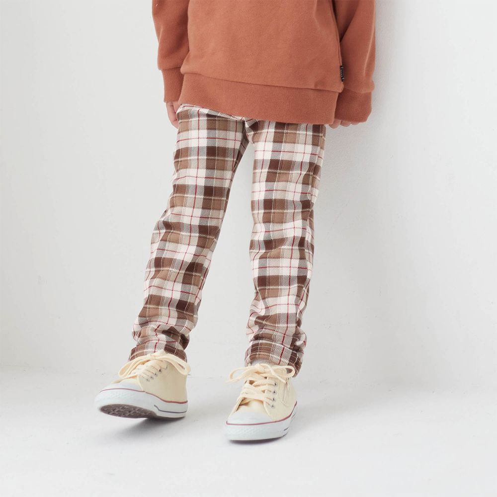 [包色推薦]毛絨內裏彈性長褲-格紋-米棕