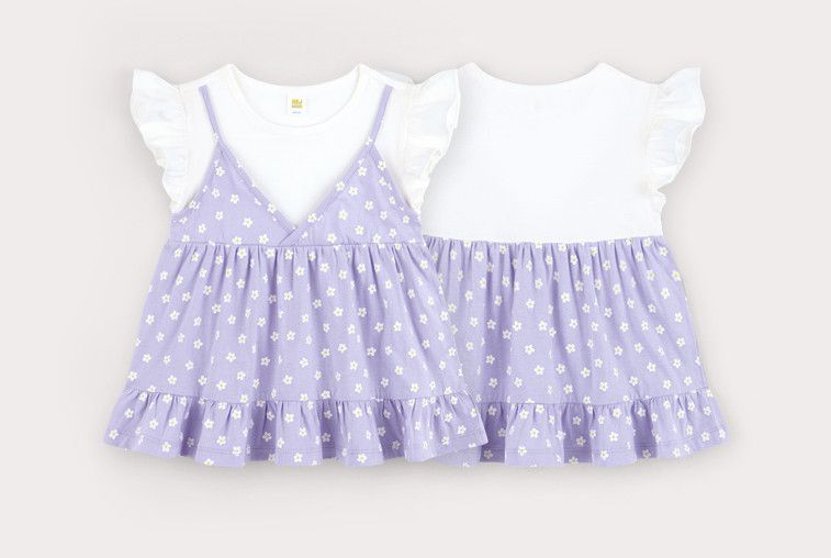 韓國 HEJMINI - 假兩件小白花荷葉下擺上衣