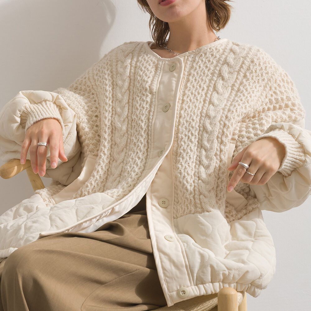 立體麻花絎縫拼接無領保暖外套-象牙