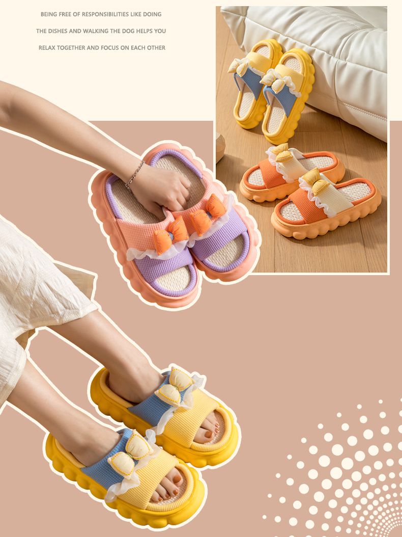 親子款厚底海綿感亞麻室內拖鞋-澎澎蝴蝶結-黃+藍
