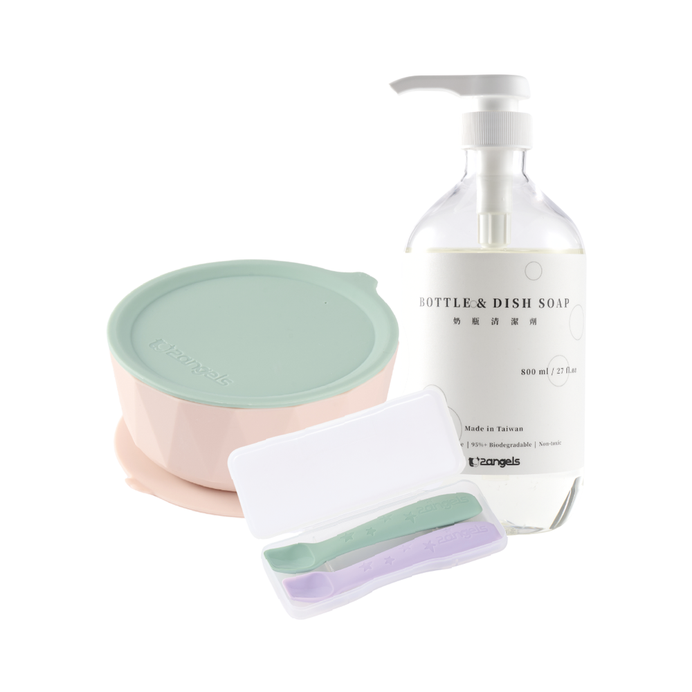 矽膠鑽石吸盤碗湯匙 超值清潔組 [學習碗 + 湯匙+清潔液800ml] 各一組-碗-夏葉綠