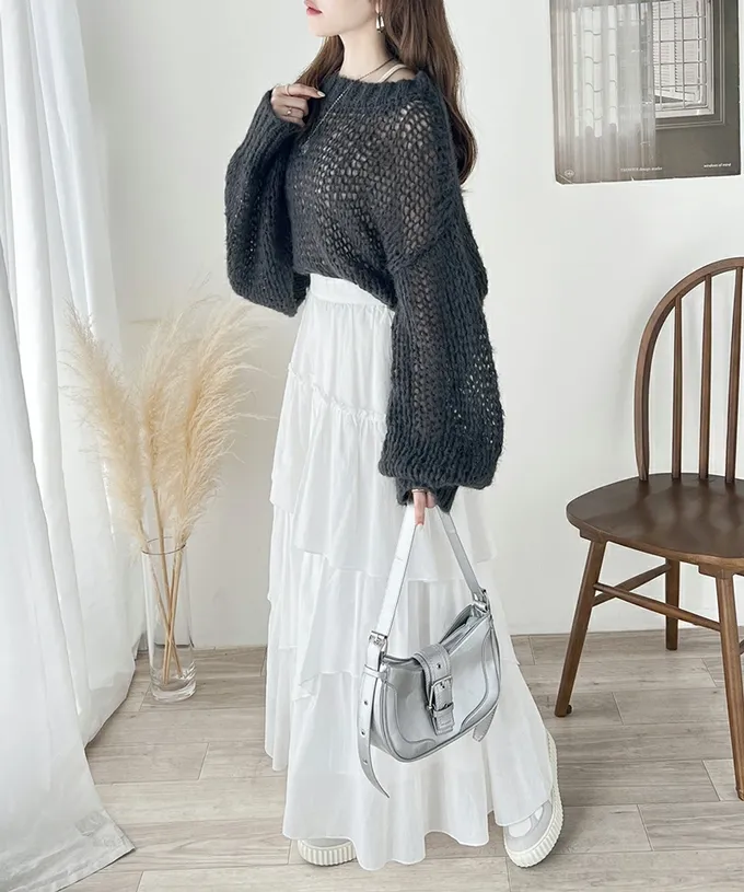 日本 Classical Elf - 甜美船領針織洞洞大寬袖毛衣-芥末黃