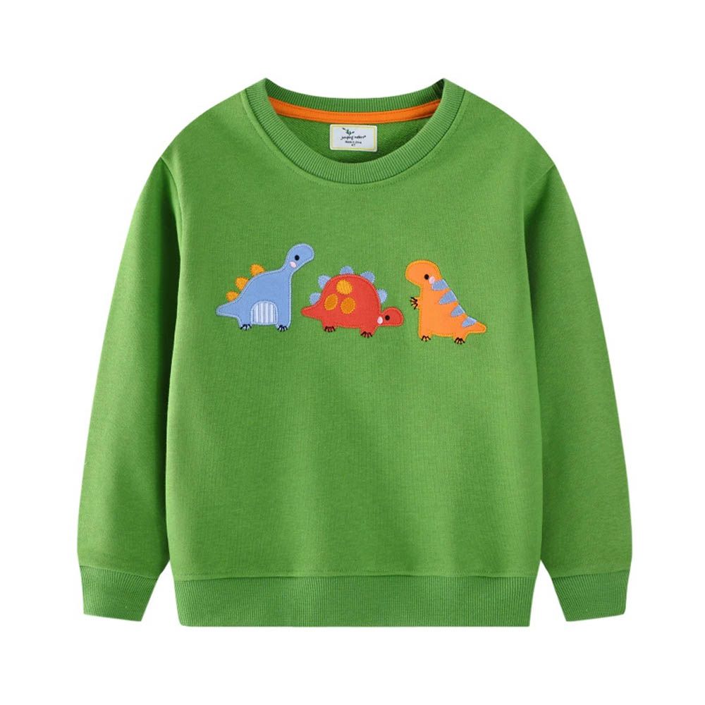 圓領棉質長袖上衣/大學T-暖萌恐龍-綠色