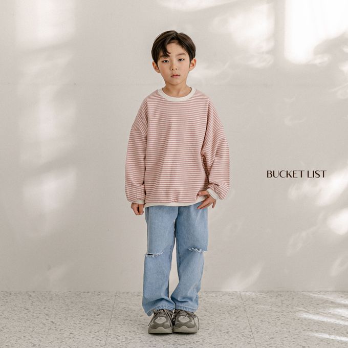 韓國 BUCKET LIST - 寬鬆橫紋大落肩長袖大學T-湖水綠