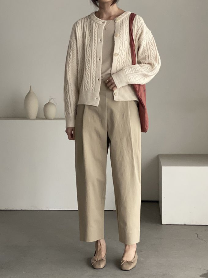 韓國女裝連線 - 麻花捲鈕扣無領針織外套-奶油米 (FREE)