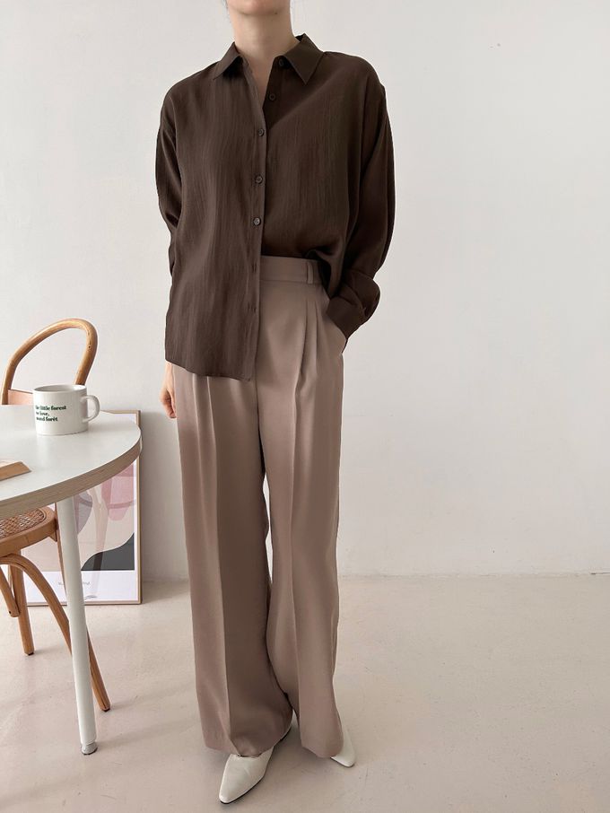 韓國女裝連線 - 質感薄透長袖翻領襯衫-白 (FREE)