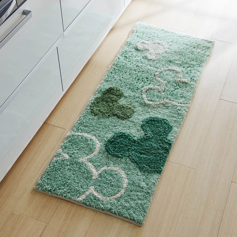 日本千趣會 - 迪士尼 長毛長條型腳踏墊(廚房/臥室)-虛實米奇頭-綠色系