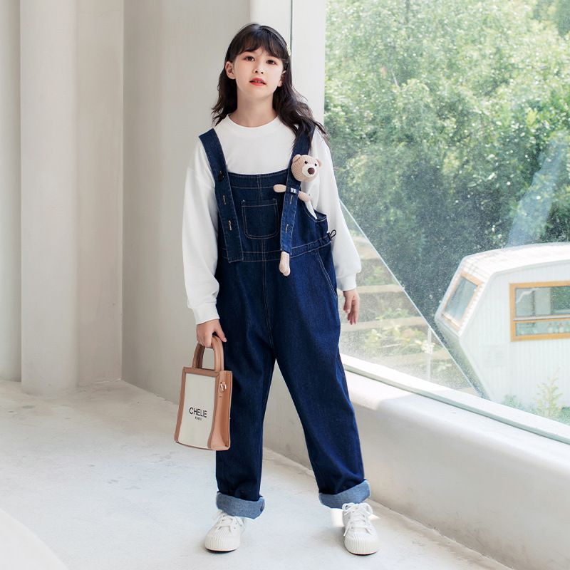 休閒牛仔寬鬆吊帶褲-小熊-綠色