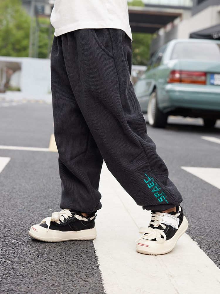 燈芯絨腰鬆緊休閒保暖束口長褲-SPAEC-奶咖啡色