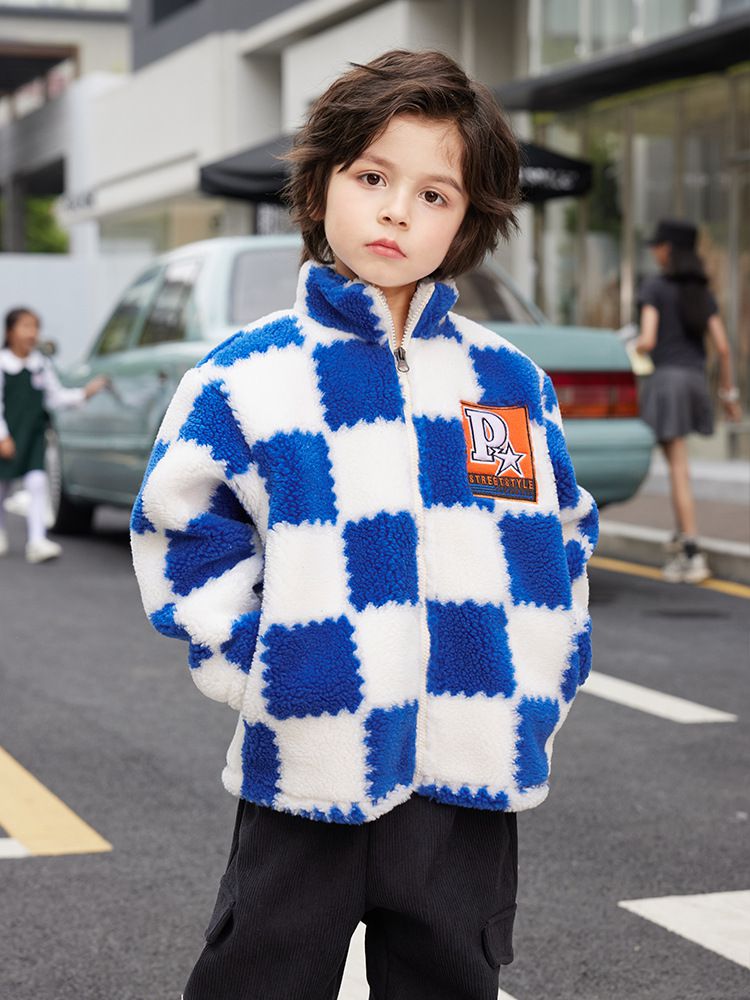 羊羔絨兒童保暖外套-帥氣格紋-綠色