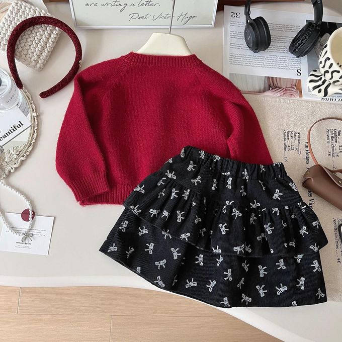 新年拜年蝴蝶結開襟毛衣蛋糕裙套裝