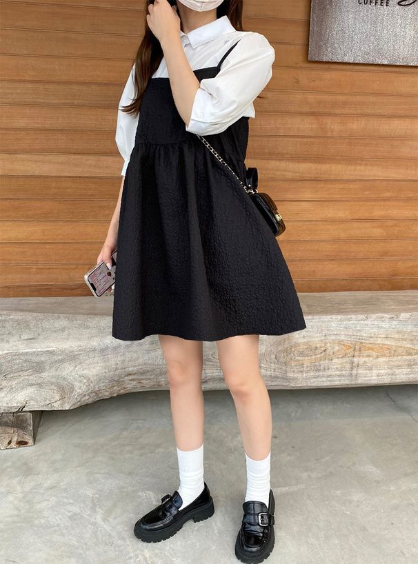 日本 GRL - 甜美泡泡布吊帶背心裙-黑 (F)