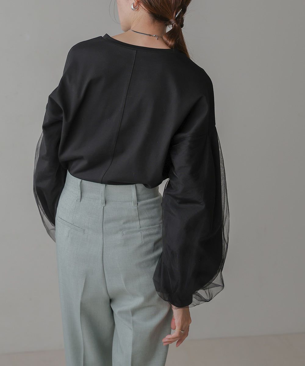 日本 Bab - 優雅拼接薄紗長袖上衣-深灰