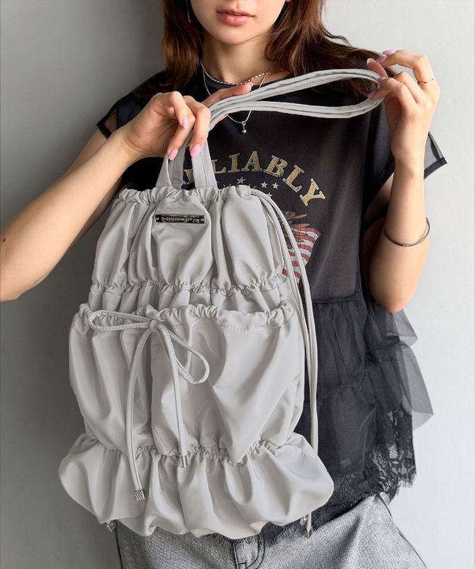 日本 Classical Elf - 休閒感皺摺蝴蝶結肩背包(可收A4)-淺灰