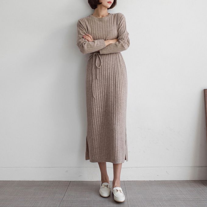 韓國女裝連線 - 喀什米爾羊毛針織連身洋裝-摩卡 (FREE)