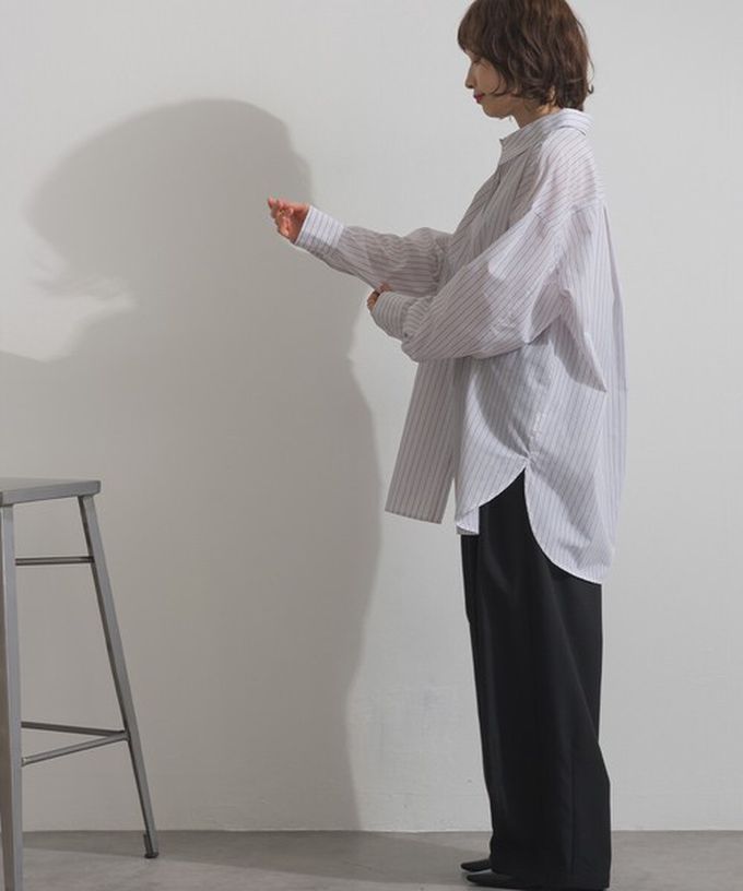 日本 ELENCARE DUE - 2way穿法俐落條紋寬版襯衫-卡其