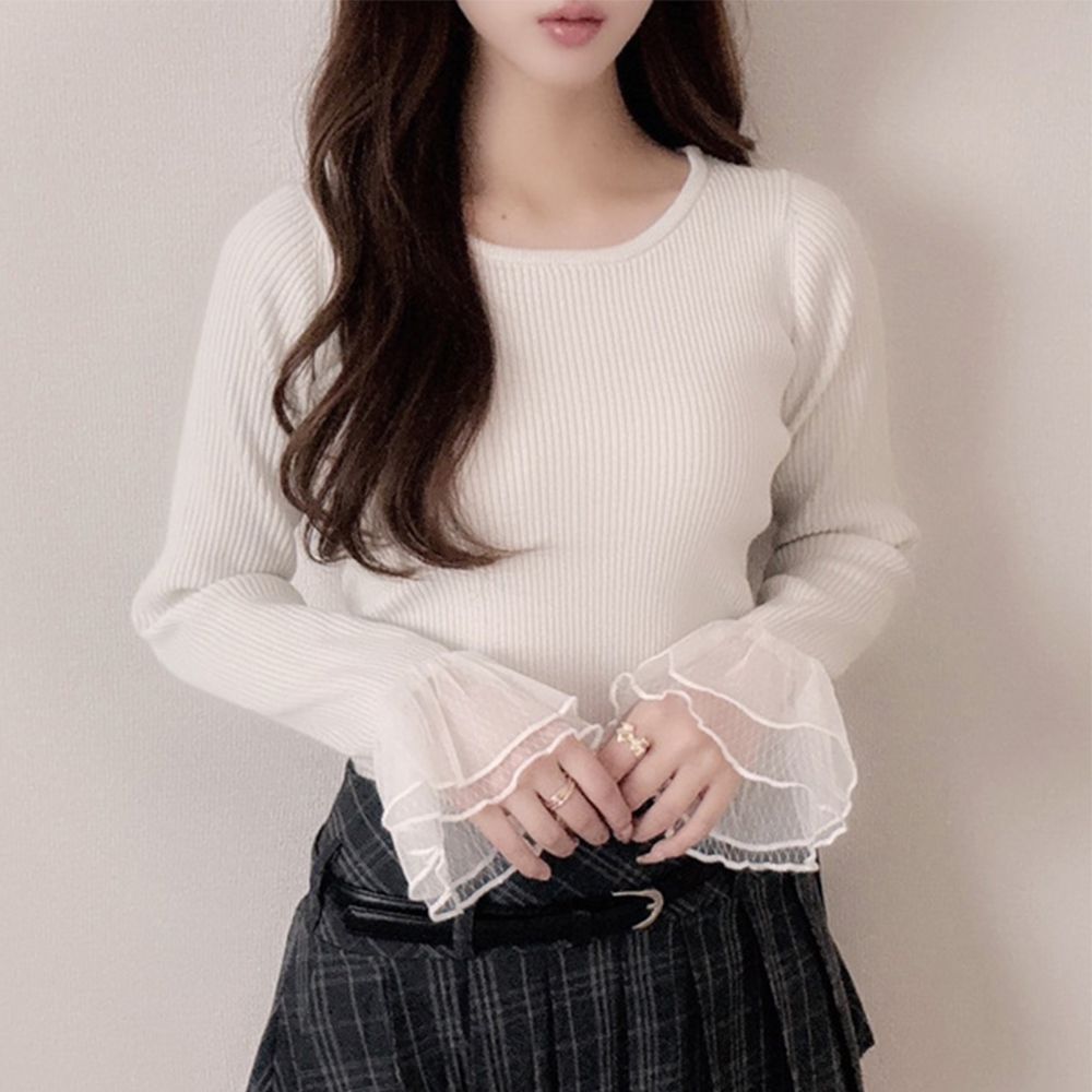 薄紗喇叭袖羅紋圓領薄針織上衣-象牙 (F)