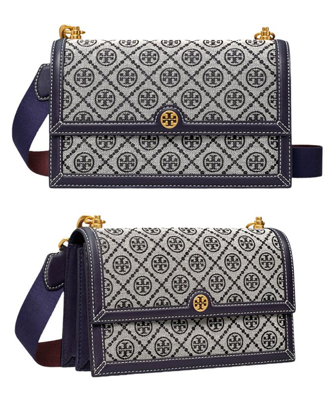 TORY BURCH - 緹花拼接皮革斜背包 (深藍)