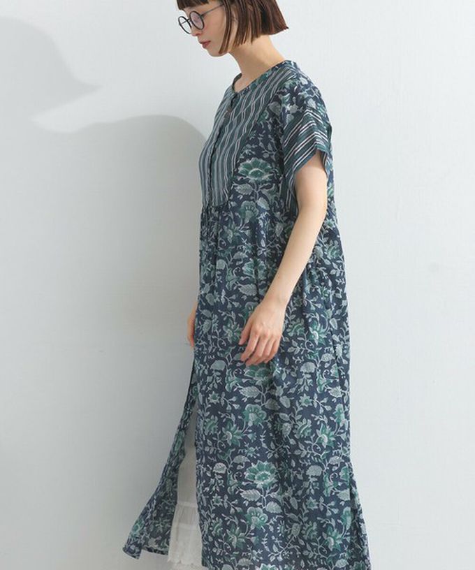 日本 Lupilien - 前後2way 自然風花卉印度棉輕盈洋裝-海軍藍
