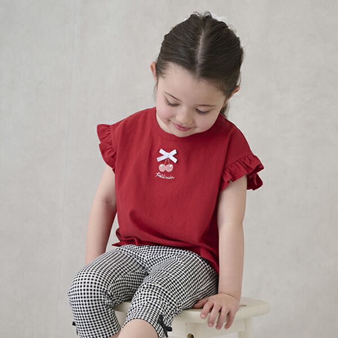 日本 petit main - 可愛荷葉袖短袖上衣-兔兔-白