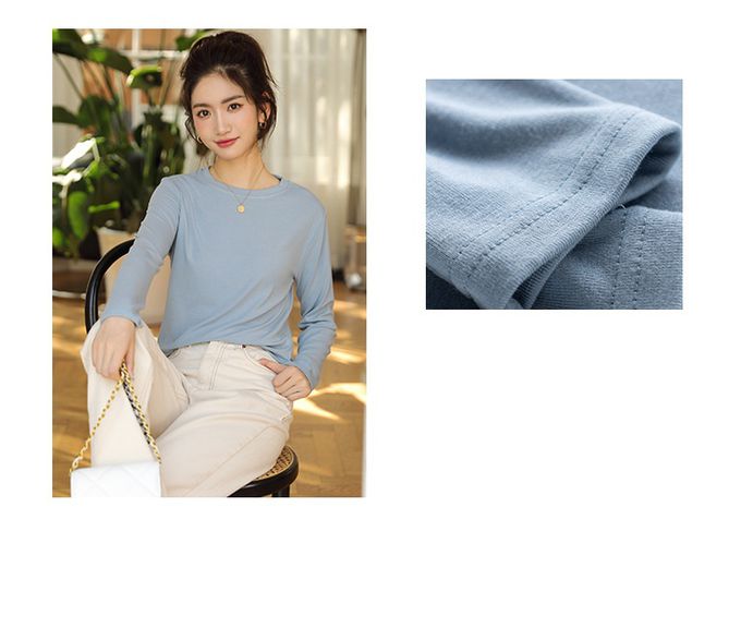 圓領寬鬆素色長袖上衣-紫色 (F)