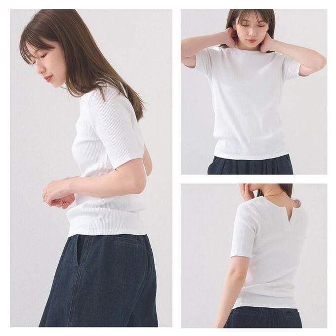 日本 OMNES - 接觸冷感 後頸V羅紋合身短袖上衣-白
