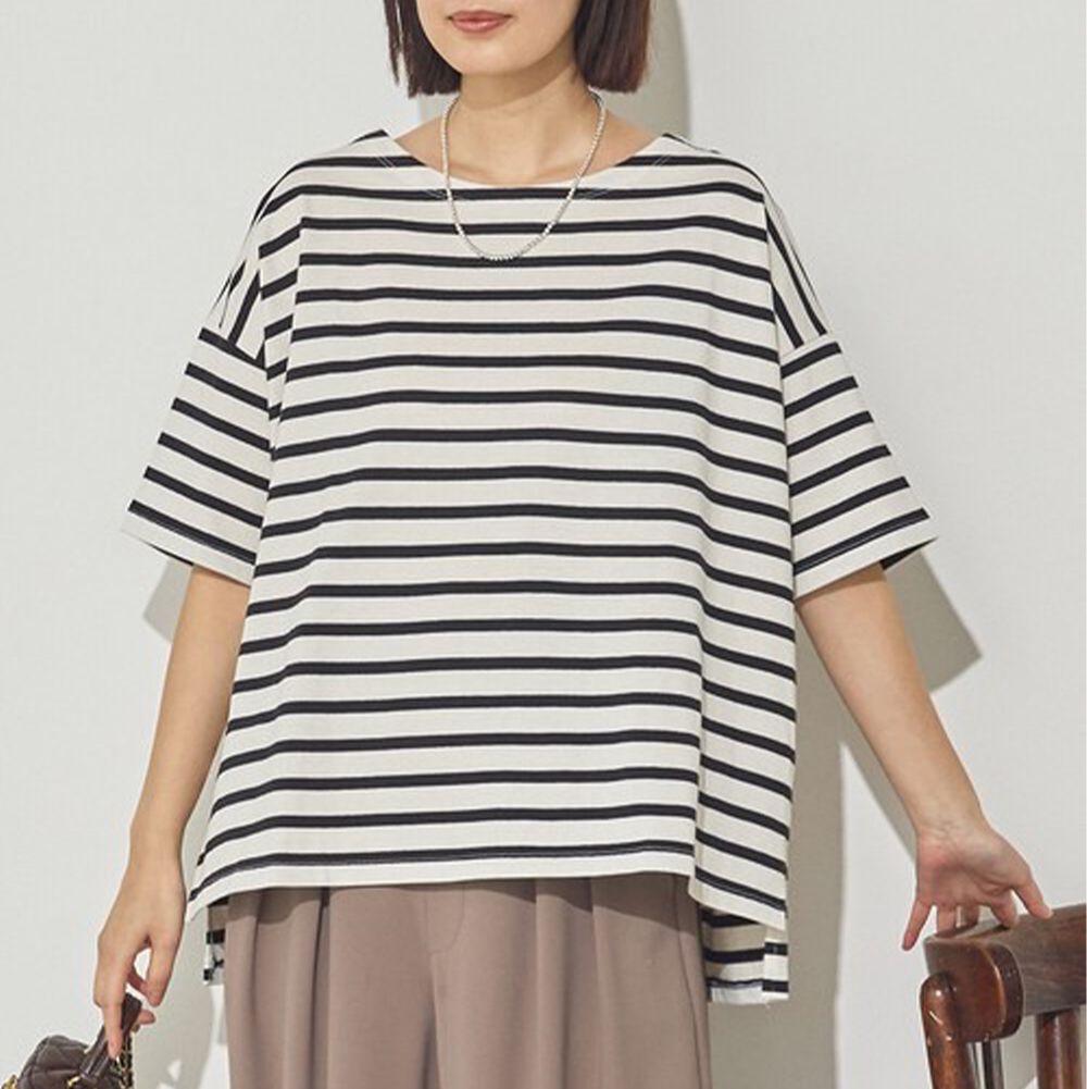 100%棉 定番條紋落肩五分袖上衣-白x黑