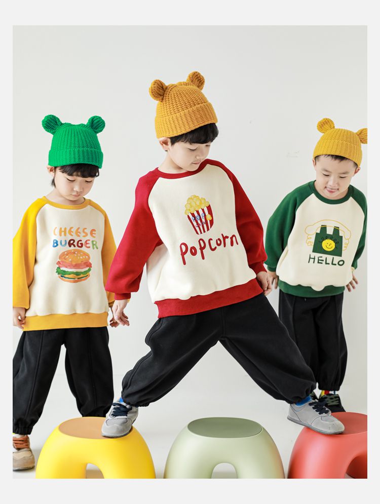 TONGMO - (加絨)卡通圓領保暖長袖上衣/大學T-漢堡-黃+米白