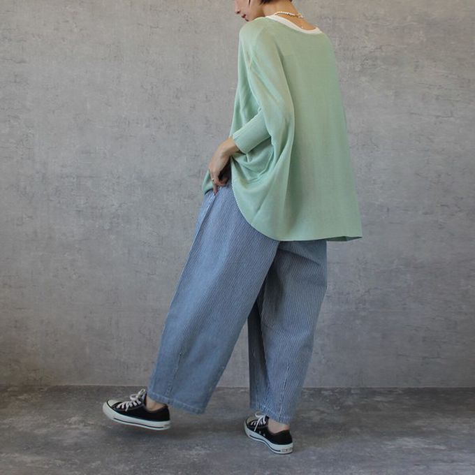 日本女裝代購 - [熱銷款] 超藏肉休閒錐形美腿褲-丹寧-條紋藍