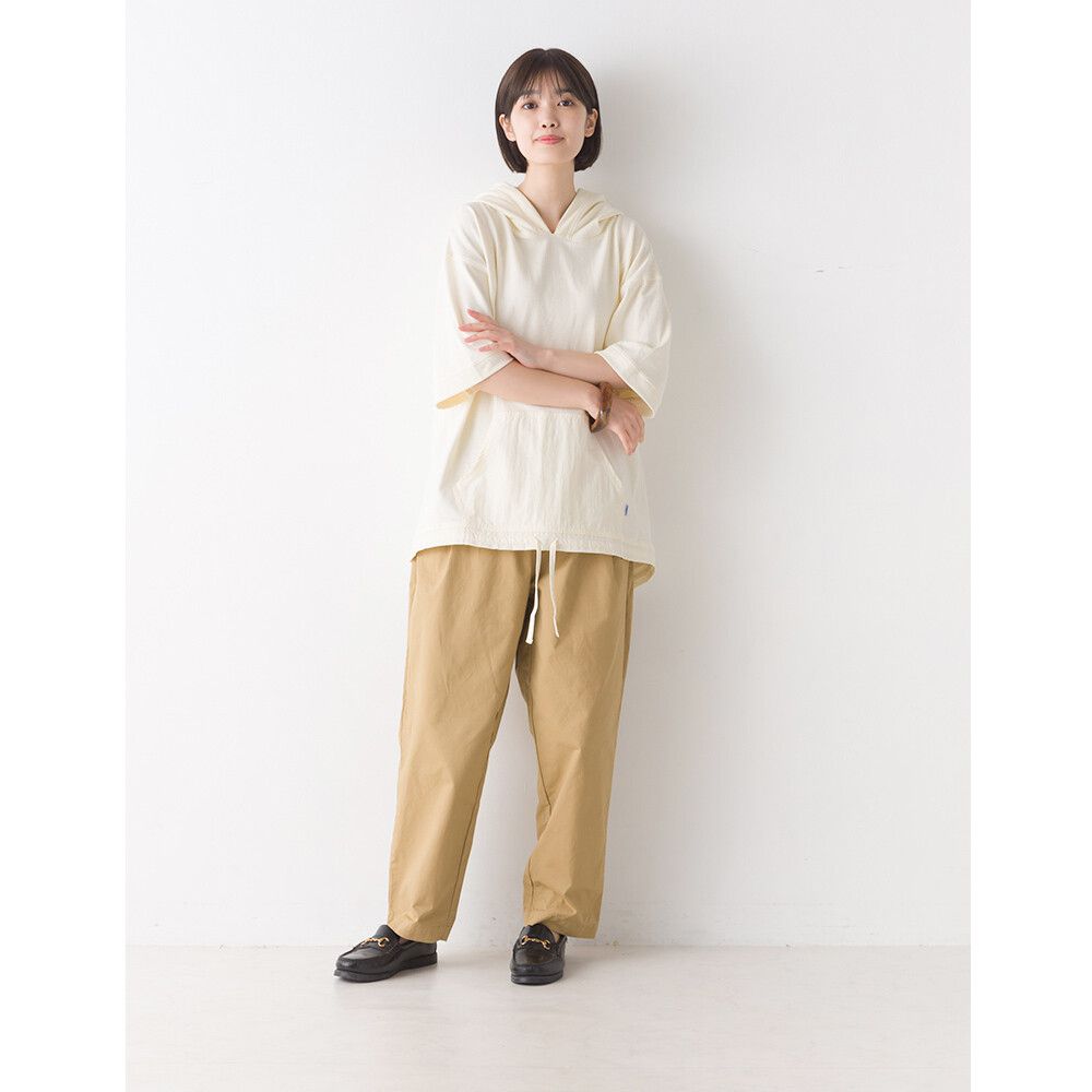 日本 OMNES - 簡約抽繩短袖連帽上衣-米杏