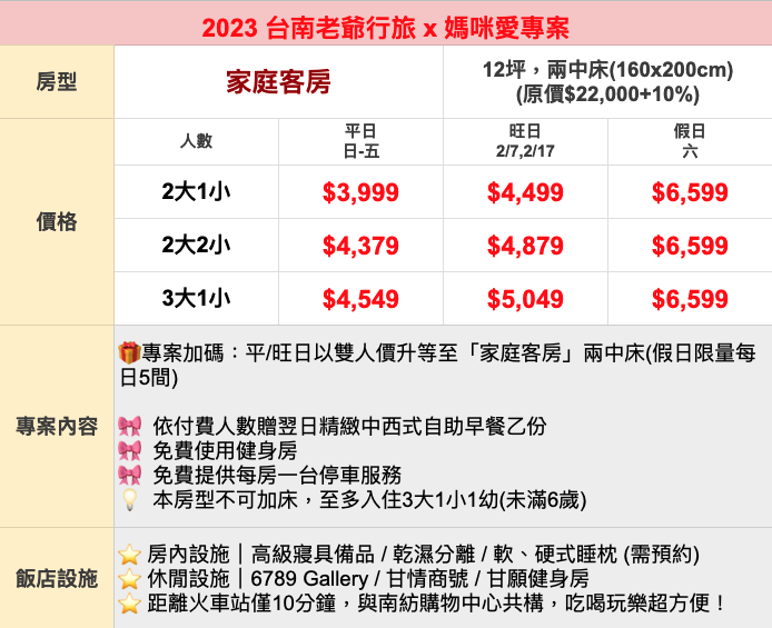 秋冬遊台南【老爺行旅】四人房一泊一食
