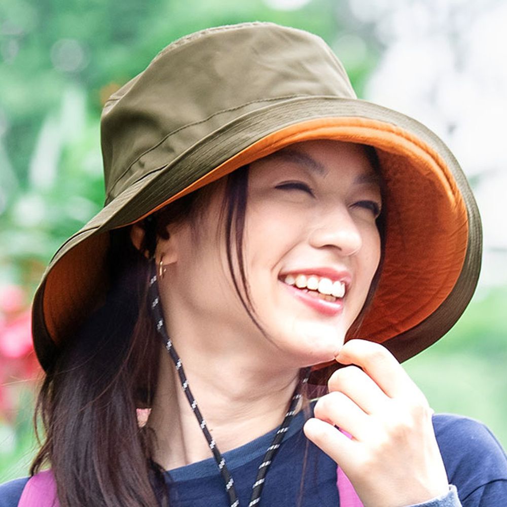 日本 irodori - 抗UV可捲收防潑水遮陽帽(附防風帽帶)-大人款-墨綠x橘內裏