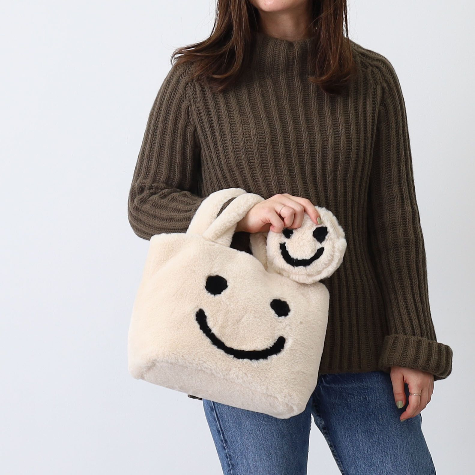 日本 COOCO - SMILEY聯名款 毛絨手提包/托特包(附小包)-芥黃 (W25*H23*D15cm)