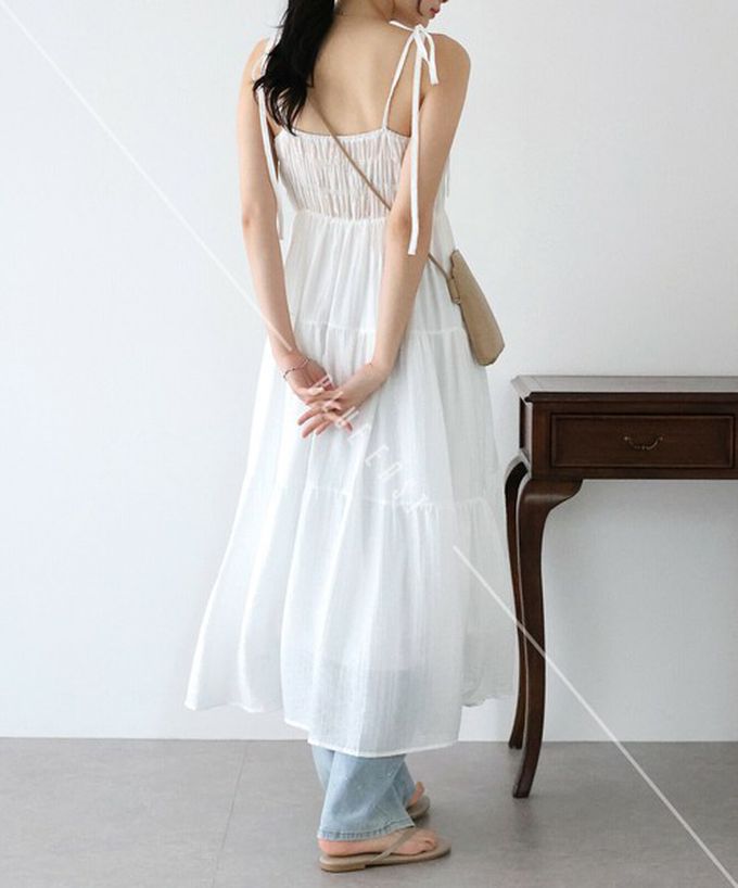 日本 BLUE EAST - 清爽透膚感皺摺綁帶分層洋裝-灰