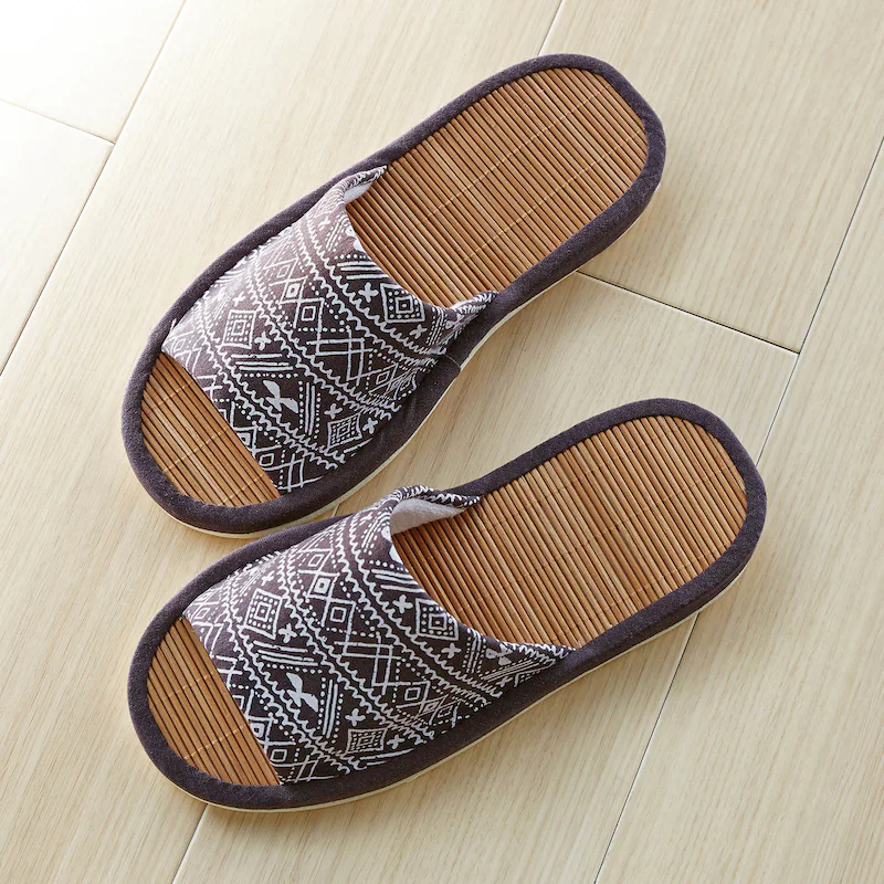 日本千趣會 - 涼爽棉麻竹編室內拖鞋-點點-咖啡
