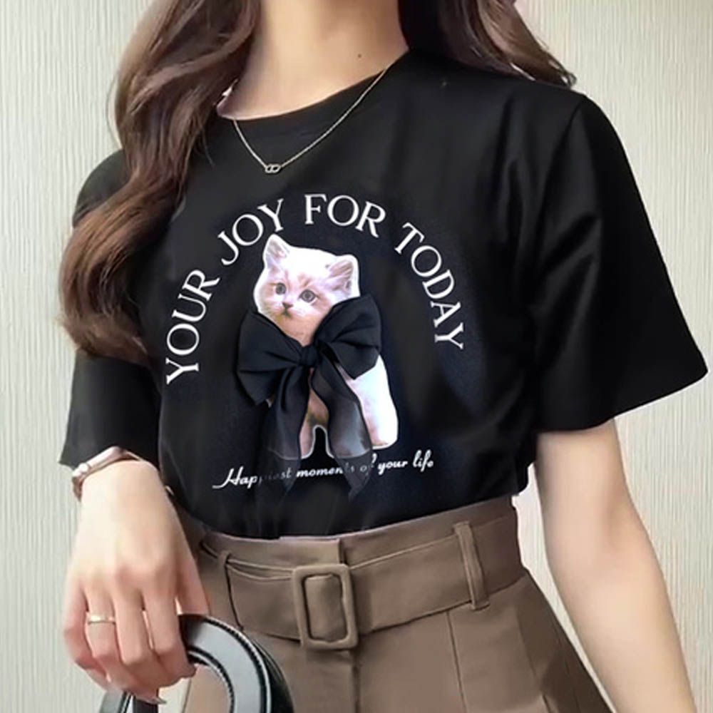 薄紗蝴蝶結貓咪印花短袖上衣-黑 (F)