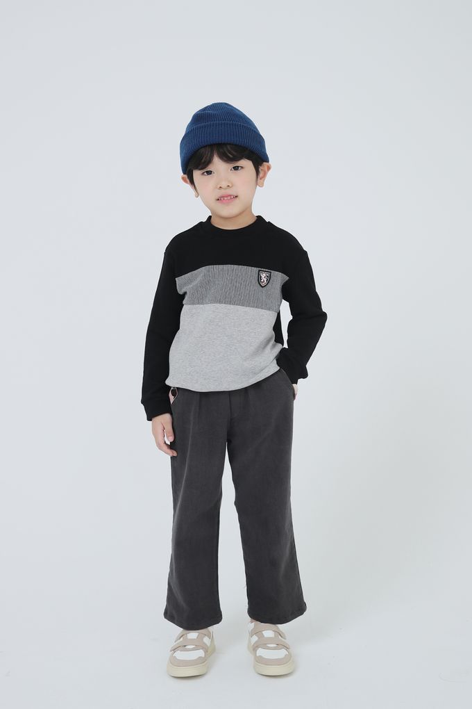 韓國 Coco Bang - 英倫漸層撞色拼接長袖上衣-紅X杏