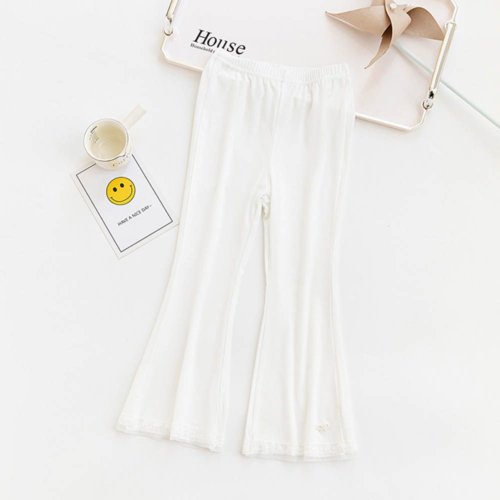 涼感透氣微喇叭褲-蝴蝶結蕾絲-白色