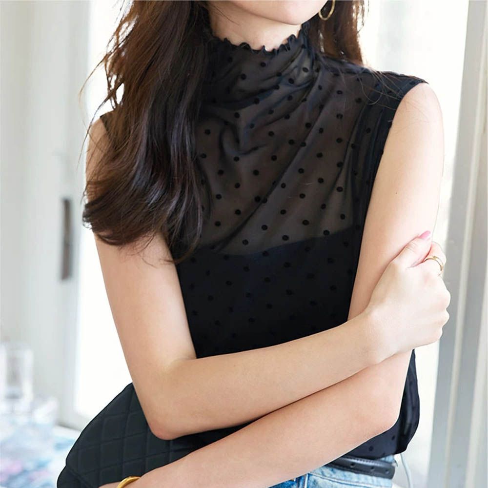 仙氣薄紗穿搭亮麗高領背心-水玉-黑