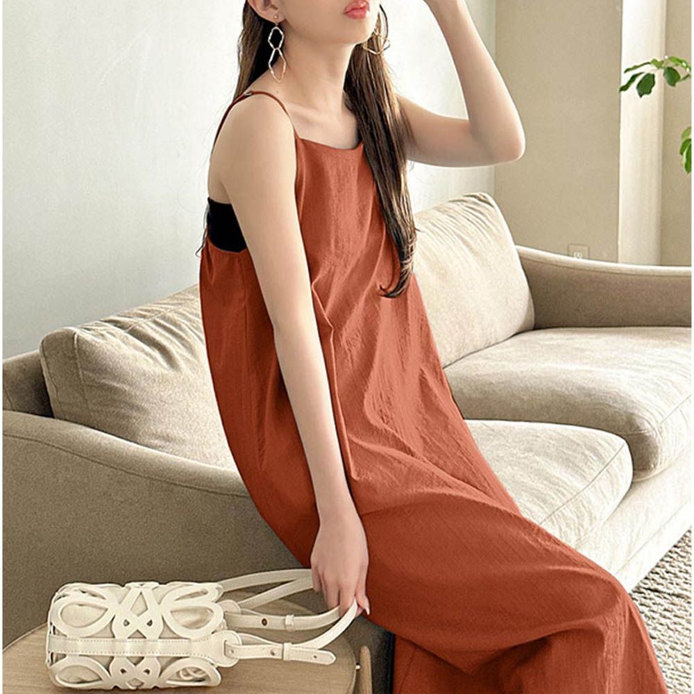 度假風細肩帶傘狀長洋裝-耀眼橘 (F)